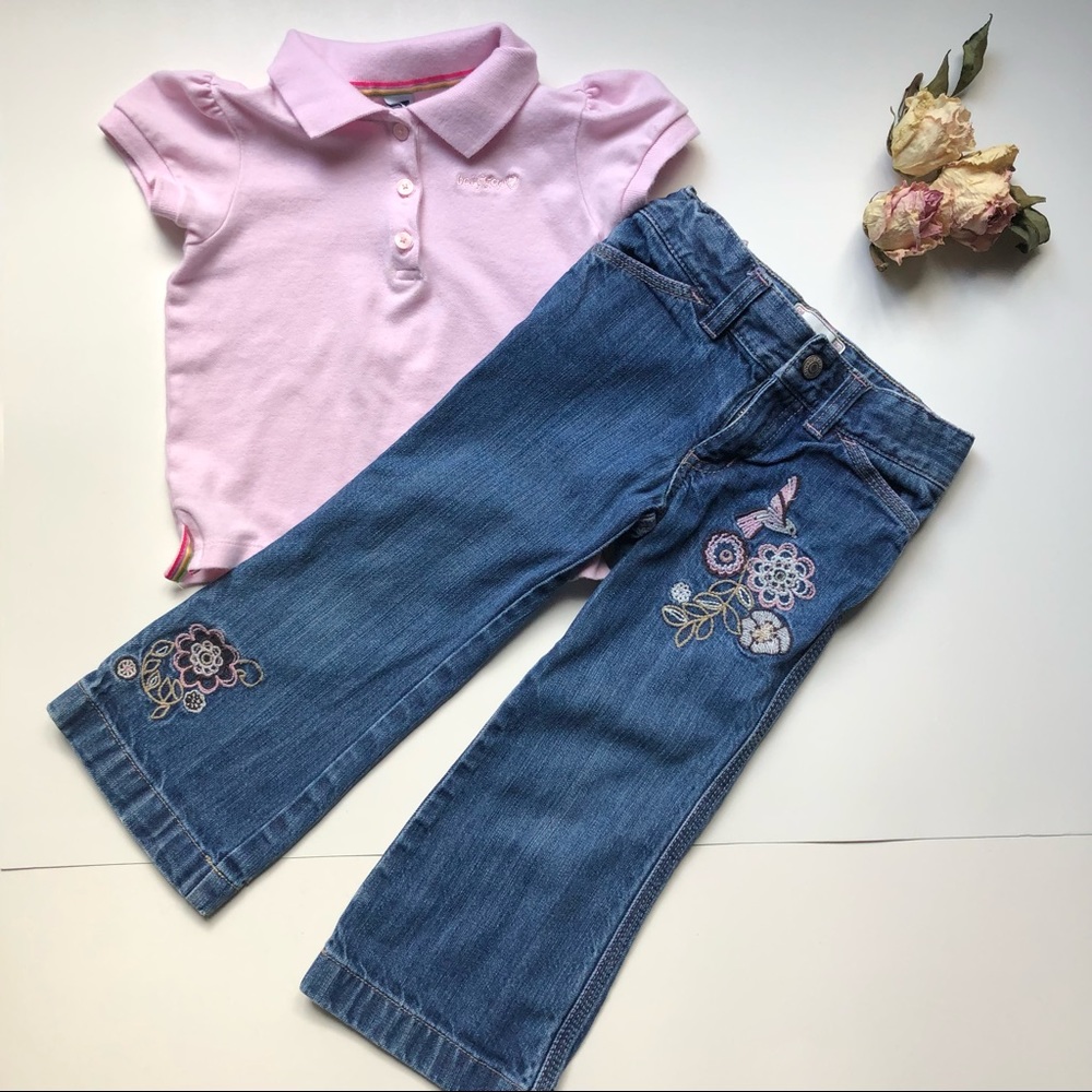 Gap Pink Polo and Old Navy Embroidered Jeans - Girls 3/3T